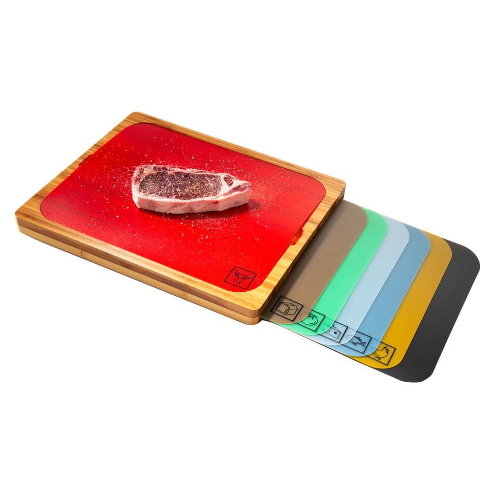 Bamboo Cutting Board with Color-Coded Flexible Mats Set
