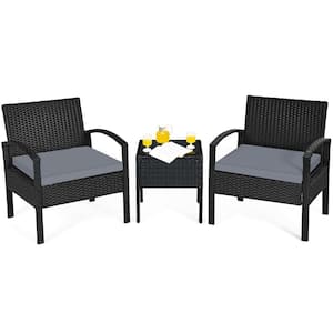 3-Pieces Patio Rattan Conversation Furniture Set Outdoor Yard with Grey Cushions