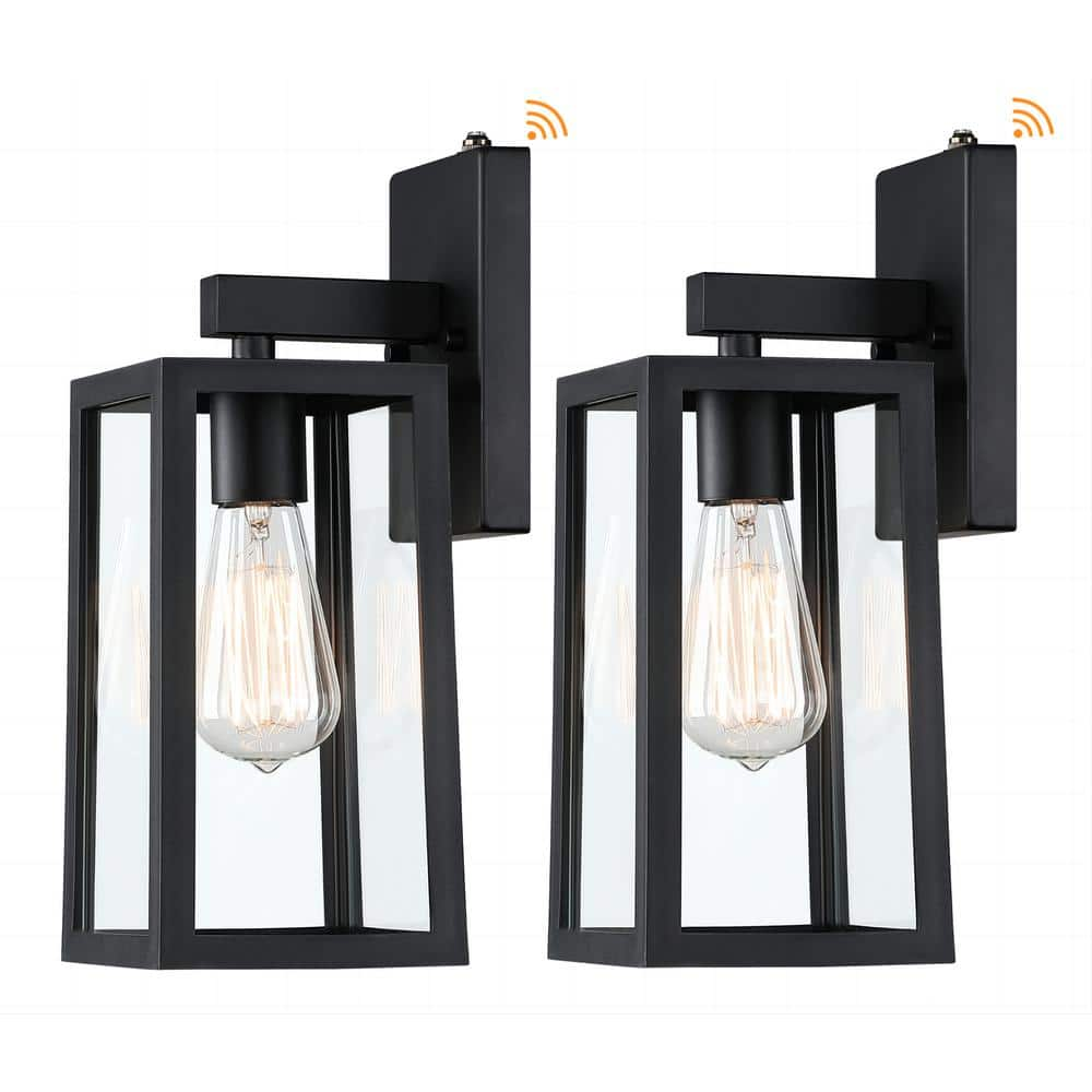 Hukoro 1-Light 13.9 in. H Matte Black Finish Hardwired Outdoor Wall Lantern Sconce with Dusk to Dawn(2-Pack)