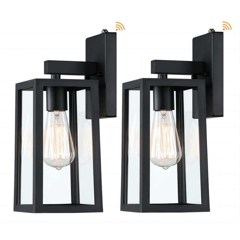 Hukoro 1-Light 13.9 in. H Matte Black Finish Hardwired Outdoor Wall Lantern Sconce with Dusk to Dawn(2-Pack) F84952-BK-S