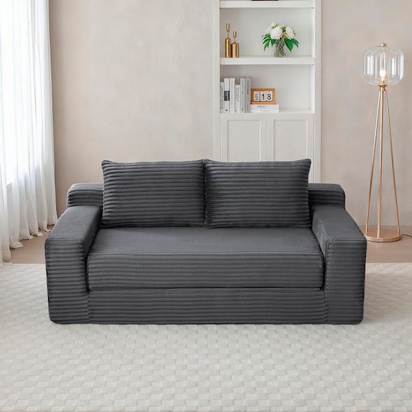 73 in. 2 in 1 Modern Gray Corduroy Pull-Out Convertible Folding Twin Size Sofa Bed with Storage Pockets