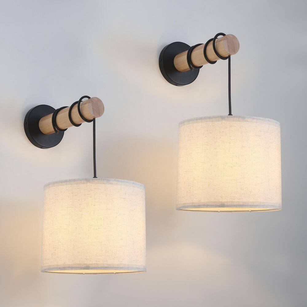 9 in. 2-Pack Farmhouse 1-Light Fabric Wall Sconce Pendant Lights with Drum Shade and Oak Wood Accent for Bedroom,Hallway price history on PriceWatchPro