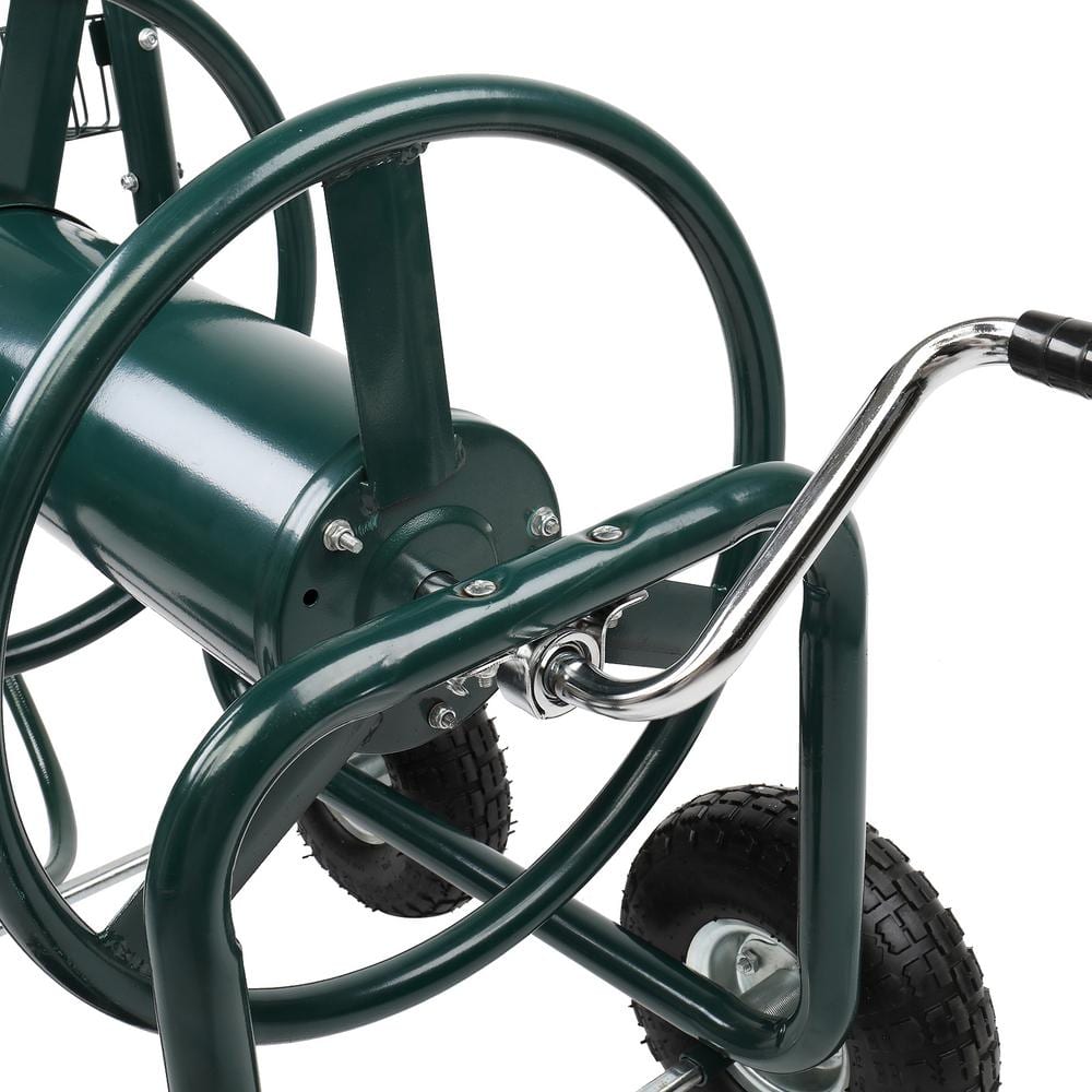 Green Steel Four-Wheel Hose Reel Cart with Manual Crank