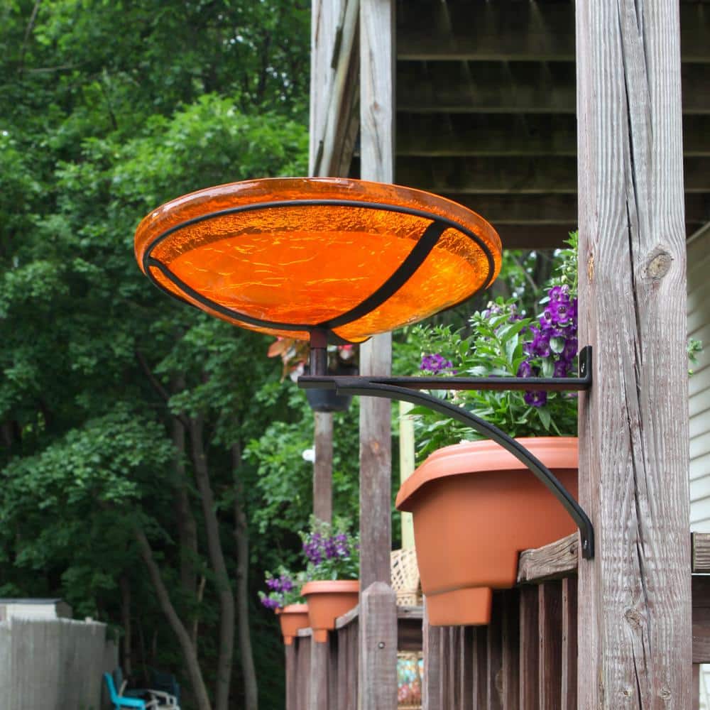 Mandarin Orange Crackle Glass Birdbath with Wrought Iron Wall Bracket