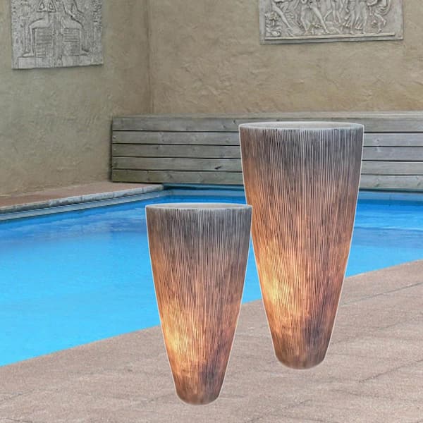 HomeRoots Mariana Abstract Gray Sandstone Ribbed Long Conical Planter with Light