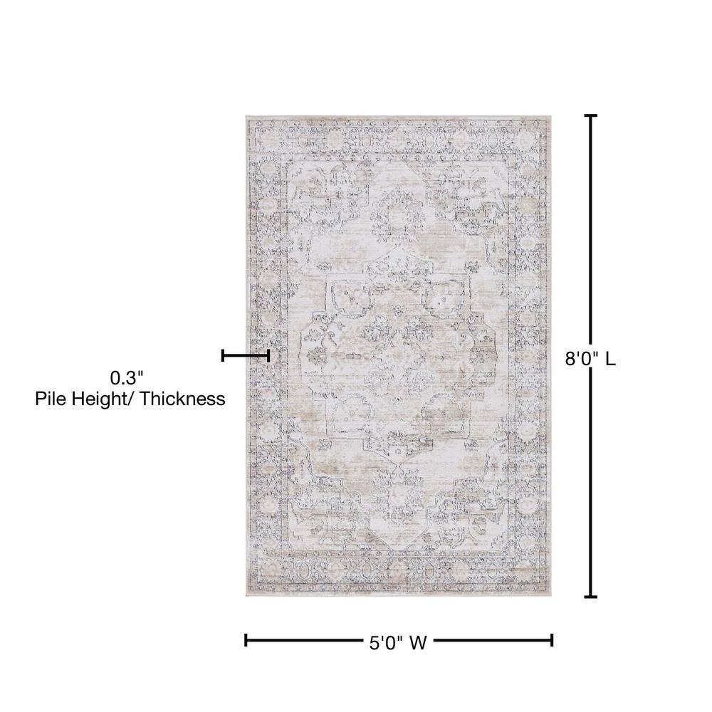 Ivory and Gray Geometric Synthetic 5'3" x 8' Area Rug