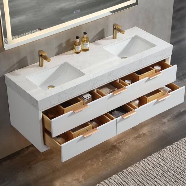 Wenlorin 60 in. Double Sinks Floating White Bath Vanity with White Engineered Marble Top Pre-assembled