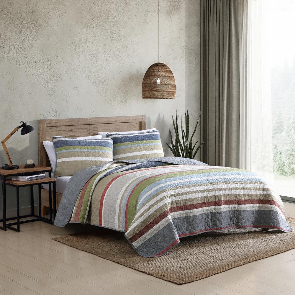 Gray and Multicolor Cotton Full Quilt Set with Reversible Design