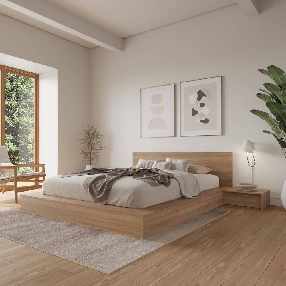 Nexera Kanso Brown Oak Frame Queen Size Low Profile Platform Bed