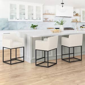 Luna 26 in. Beige Fabric Upholstered Counter Bar Stool with Black Metal Frame Square Counter Stool Set of 3