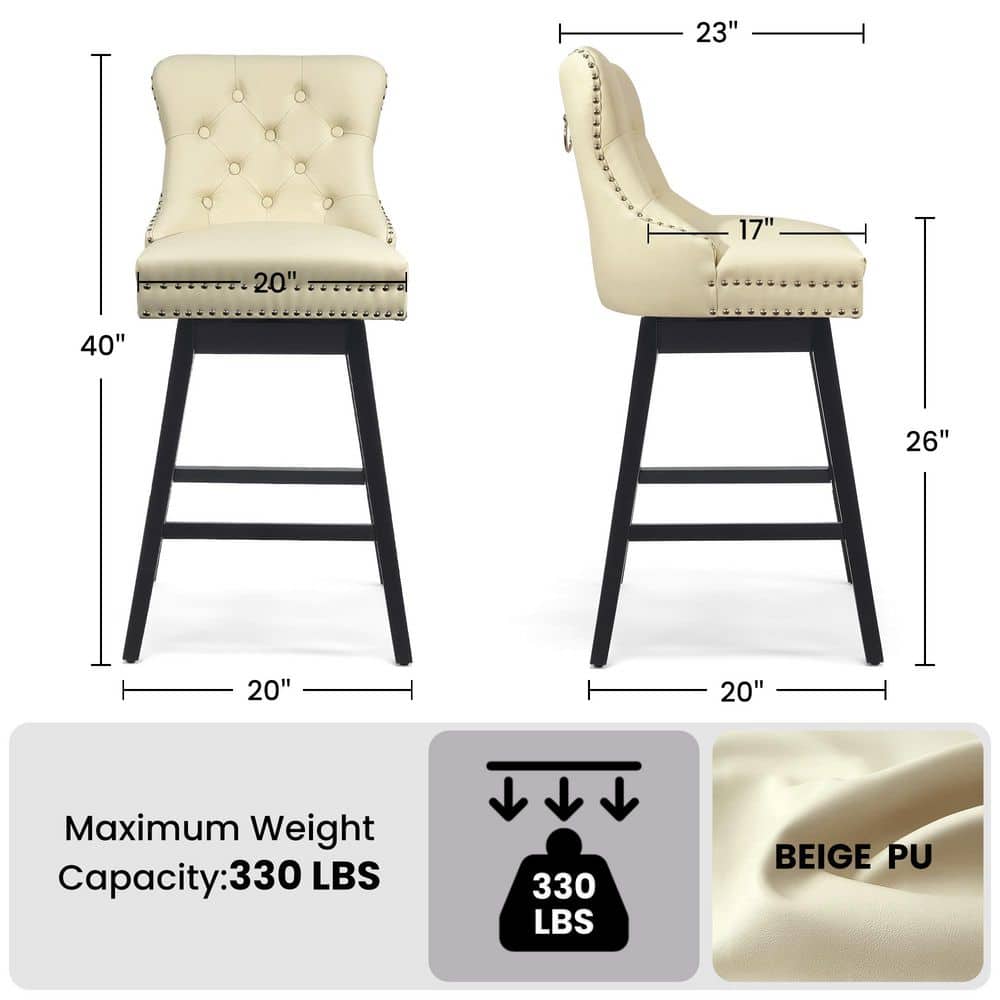 Beige Faux Leather Upholstered Swivel Counter Height Stools with Black Wood Legs, Set of 4