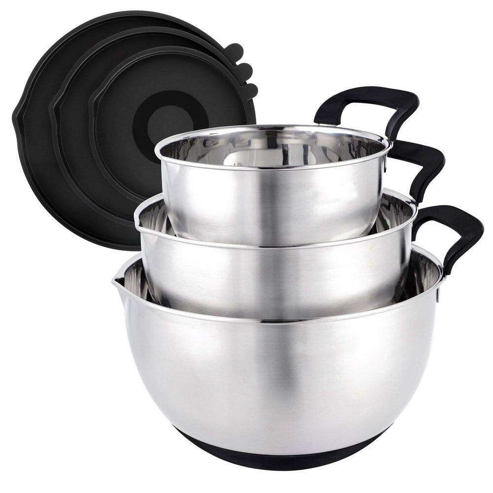 3-Piece Stainless Steel Mixing Bowl Set with Silicone Handles Lids Non-Slip Bottoms Black Finish price history on PriceWatchPro