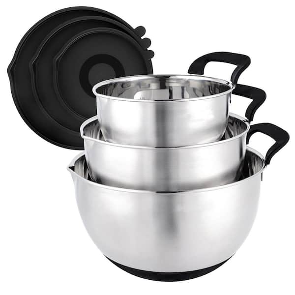 3-Piece Stainless Steel Mixing Bowl Set with Silicone Handles Lids Non-Slip Bottoms Black Finish
