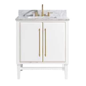 Mason 31 in. W x 22 in. D Bath Vanity in White with Gold Trim with Marble Vanity Top in Carrara White with White Basin