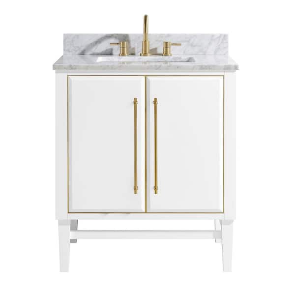 Avanity Mason 31 in. Single Sink White with Gold Trim Bath Vanity with Carrara White Marble Top