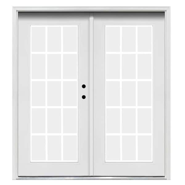 72 in. x 80 in. White Universal Inswing Premium Fiberglass 15 Lite GBG LOE Glass Hinged Patio Door with Brickmold
