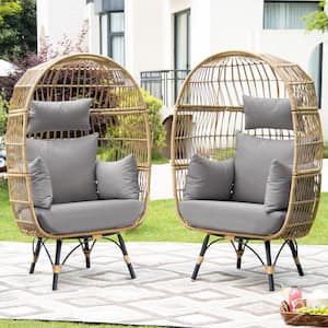 Patio Beige Stationary Wicker Ourdoor Indoor Lounge Egg Chair with Light Gray Cushions 440 lbs. Capacity (2-Chairs)