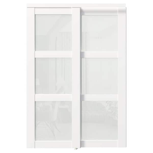TENONER 60 in. x 80 in. MDF, White Double Frosted 3-Panel Glass Sliding Door with All Hardware