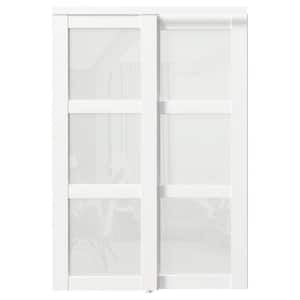 60 in. x 80 in. MDF, White Double Frosted 3-Panel Glass Sliding Door with All Hardware