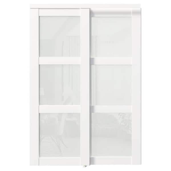 TENONER 60 in. x 80 in. MDF, White Double Frosted 3-Panel Glass Sliding ...