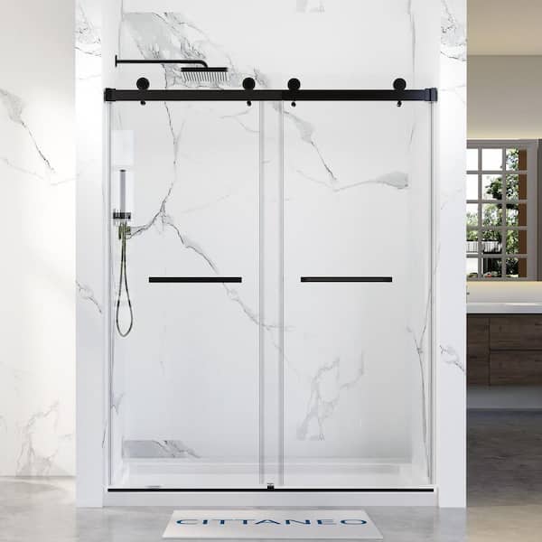 56 in. 60 in. W x 76 in. H Double Sliding Frameless Shower Door, 5/16 in. (8mm) Tempered Glass