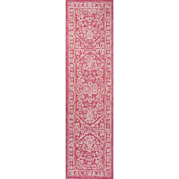 Malta Fuchsia/Light Gray 2 ft. x 8 ft. Bohemian Medallion Textured Weave Indoor/Outdoor Area Rug