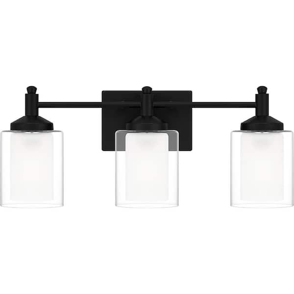 Jaylin 22 in. 3-Light Matte Black Vanity Light with Clear and Frosted Glass Shades