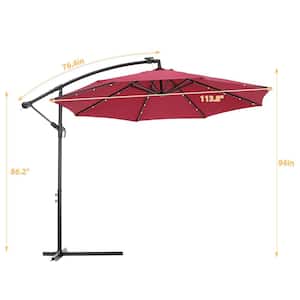 10 ft. Solar LED Patio Outdoor Burgundy Umbrella Hanging Cantilever Umbrella Offset Umbrella Easy Open Adjustment