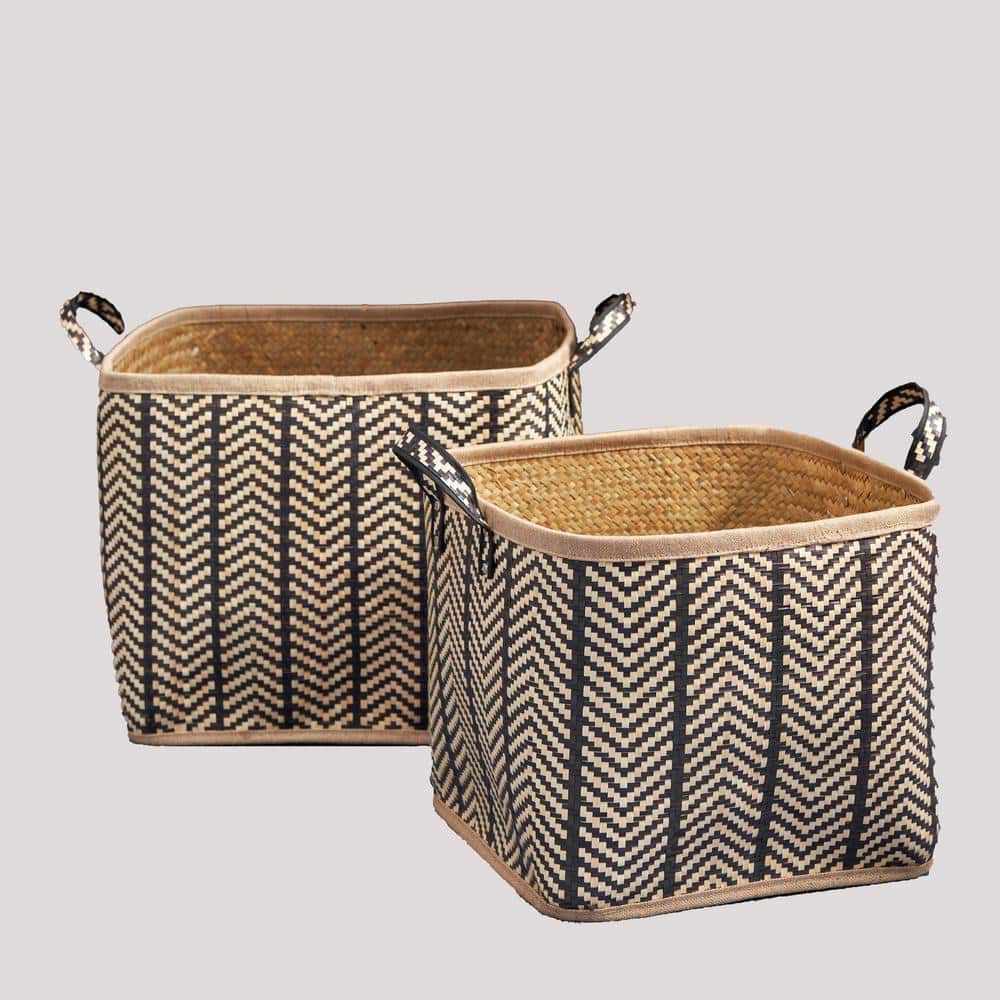 Square Brown 16 in. x 17 in. Wicker Decorative Basket Storage Set of 2 With