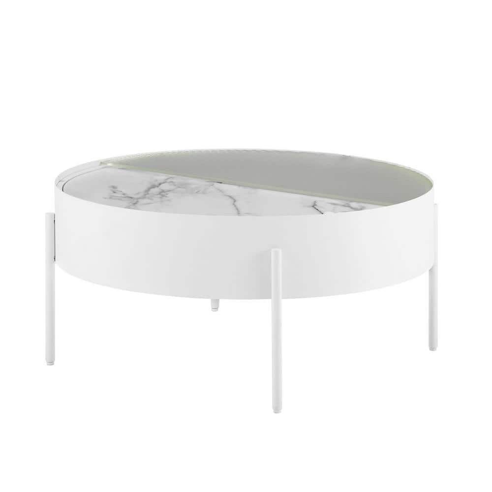 White Calacatta Marble Round Coffee Table with Fluted Glass