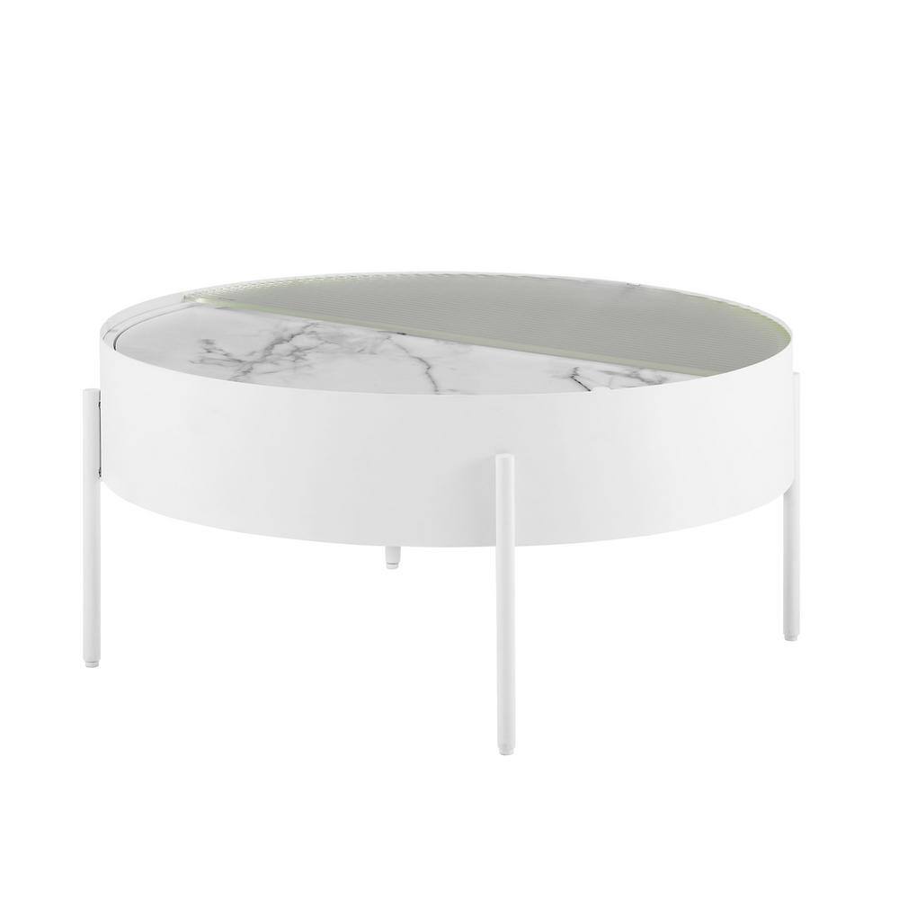 White Calacatta Marble Round Coffee Table with Fluted Glass