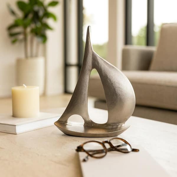 Silver 14.75 in. x 18 in. Metal Modern Abstract Sail Boat Sculpture