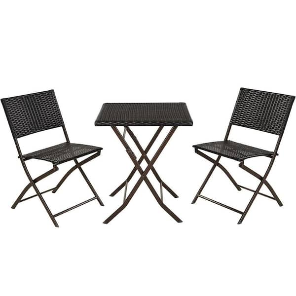 3-Piece Wicker Outdoor Bistro Set, Folding Chairs and Table, Metal Frame Parma Patio Furniture Set, Brown