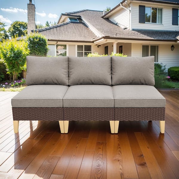 Gymojoy Chic Relax Brown 3 Seats 3-Piece Patio Sofa Wicker Outdoor Sectional Lounge Chairs with CushionGuard Gray Cushions