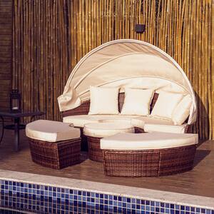 5-Piece Wicker Outdoor Day Bed Sunbed with Retractable Canopy with Beige Cushions
