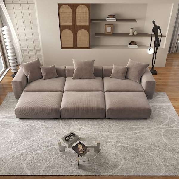 141in. Square Arm 6-Piece Corduroy Modular Free Combination Sectional Sofa Bed in Brown with Ottoman and Removable Cover