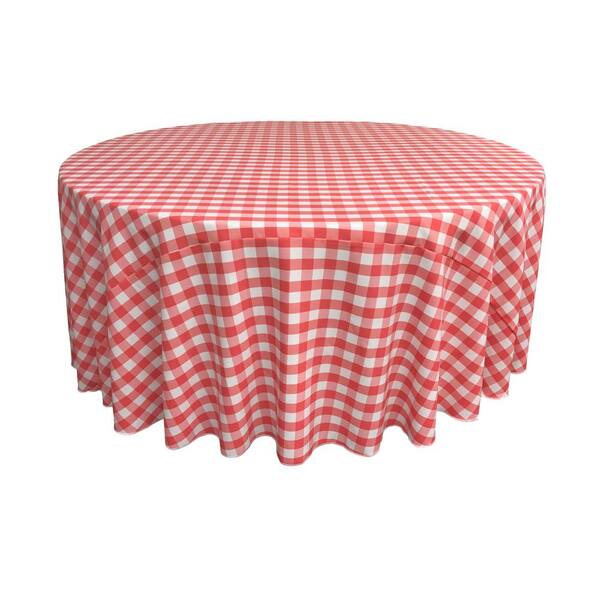 LA Linen 132 in. White and Coral Polyester Gingham Checkered Round Tablecloth