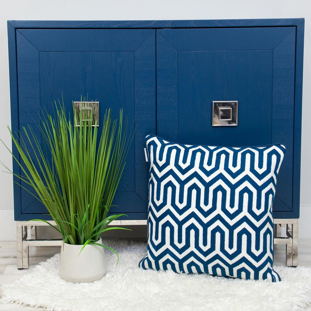 Blue and White Embroidered Geometric Square 20" Pillow