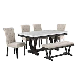 Fannie 6-Piece Faux Marble Top dining set With 4-Beige Linen Fabric Chairs And 1-Bench