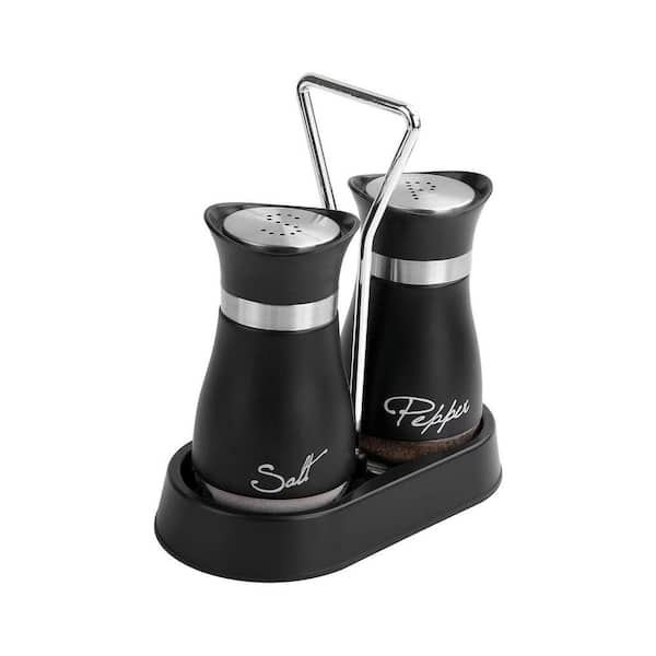 Stainless Steel Glass Salt and Pepper Shaker Set Black Easy Clean Distinguish Spices Holder 2-Pieces