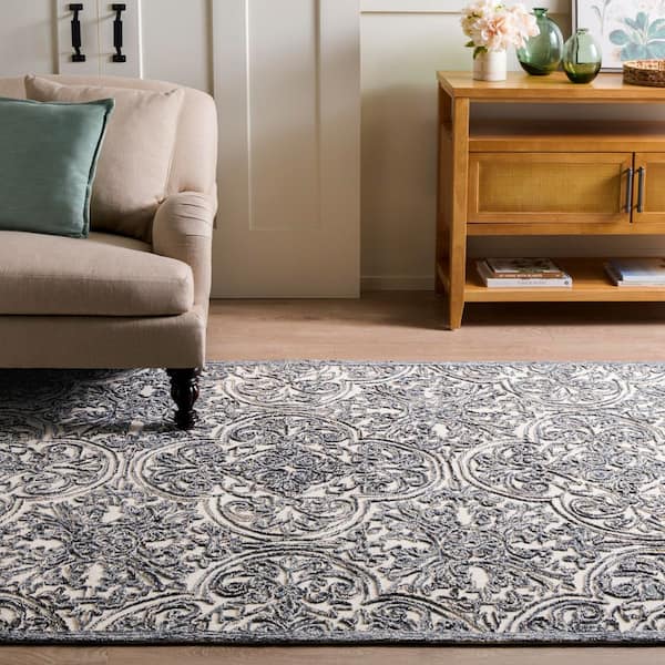 Martha Stewart 6 ft. x 9 ft. Ivory/Black Floral Ornate Area Rug