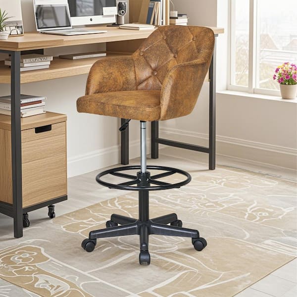 Premium Brown Faux Leather Swivel Drafting Chair with Adjustable Height and Lumbar Support for Home Office Office Stool