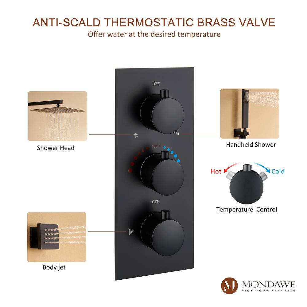 Matte Black 12-Inch Stainless Steel Multi-Head Wall Mounted Shower System