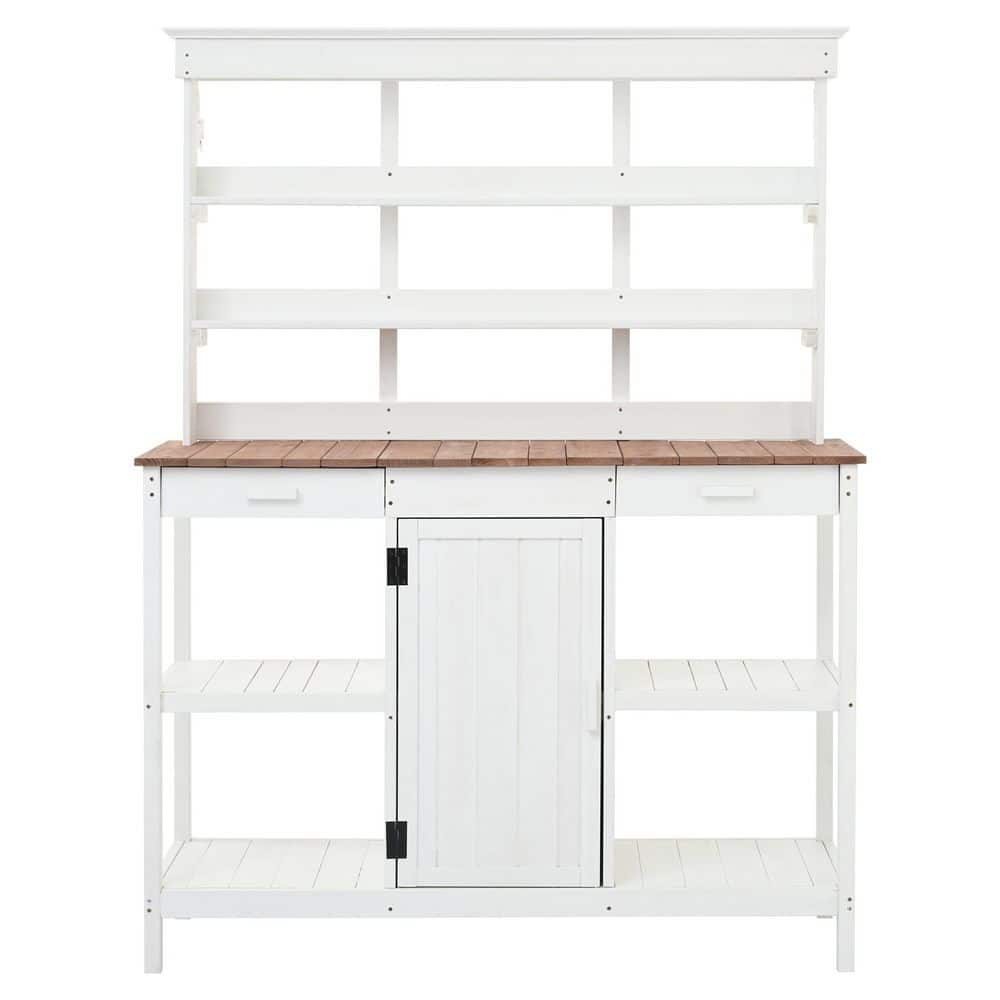 White Outdoor Farmhouse Wooden Potting Bench Table with 2 Drawers, Cabinet and Open Shelves for Backyard, Mudroom price history on PriceWatchPro