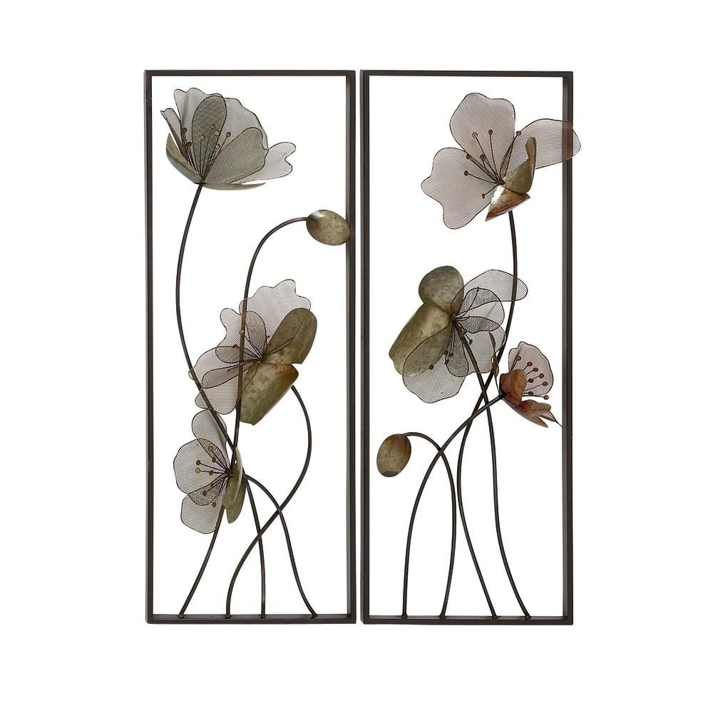 Litton Lane Metal Black Floral Wall Decor with Black Frame (Set of 2