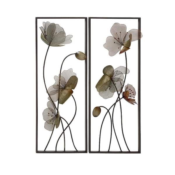 Litton Lane Metal Black Floral Wall Decor with Black Frame (Set of 2)