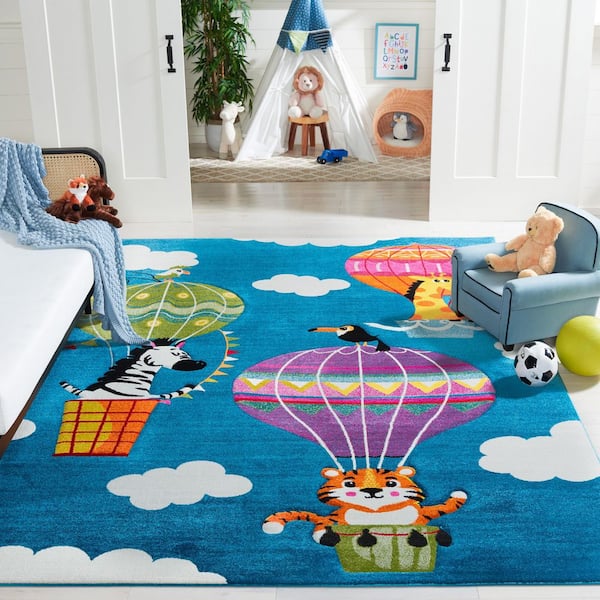 Carousel Kids 9 ft. x 12 ft. Blue/Green Hot Air Balloon Area Rug