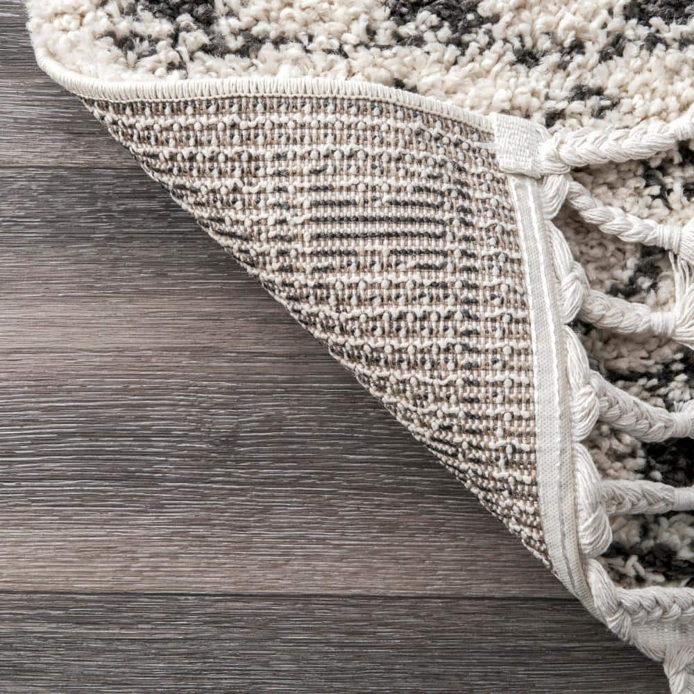 Ivory Geometric Braided Shag Area Rug with Tassels