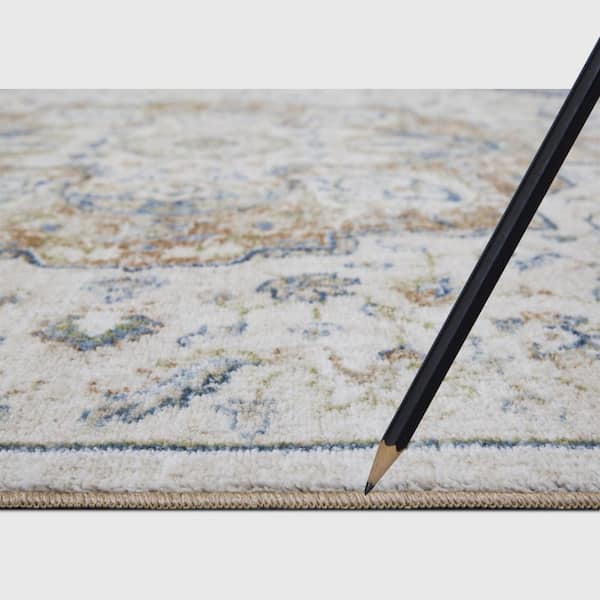Eden Collection Center Medallion Ivory 2 ft. x 7 ft. Machine Washable Traditional Indoor Area Rug