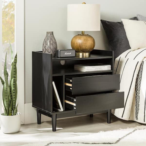 Walker Edison Furniture Company 2-Drawer Black Solid Wood Mid-Century Modern Nightstand with Tray Top (25.5 in. H x 25 in. W x 16 in. D)
